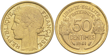 ФРАНЦИЯ 50 САНТИМОВ 1941 ТИП MORLON KM 894.1, LE FRANC 192.18 алюминиевая бронза 44-567