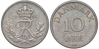 Дания 10 эре 1955 Фредерик IX (1947-1972) KM 841 медно-никель 4174-168