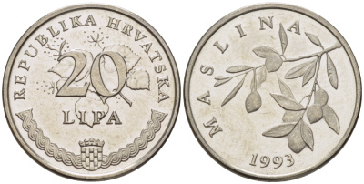 Хорватия 20 лип 1993 олива, легенда на хорватском KM 7 сталь плакированная никелем 66-532