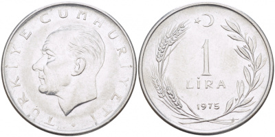 Турция 1 лира 1975 Мустафа Кемаль Ататюрк KM 889а.2 нержавеющая сталь 4529-1233
