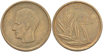 БЕЛЬГИЯ 20 ФРАНКОВ 1980 BELGIE, БОДУЭН I (1951-1993) KM 160 никель бронза 115-721