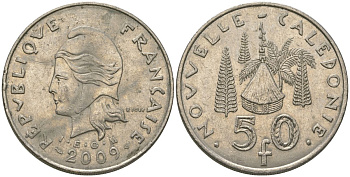 Французская Новая Каледония 50 франков 2009 хижина среди сосен и пальм, (IEOM) KM 13a, Schoen 15a, Lec 128i медно-никель 114-1221