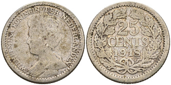 Нидерланды 25 центов 1918 Вильгельмина I (1890-1948) KM 146 серебро 75-968