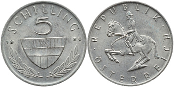 АВСТРИЯ 5 ШИЛЛИНГОВ 1980 KM 2889а медно-никель 4391-1157