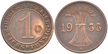 ГЕРМАНИЯ 1 РЕЙХСПФЕННИГ 1933 А KM 37, J. 313 бронза 3718-264