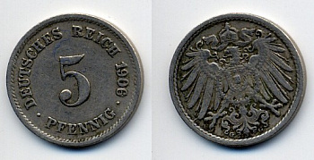 ГЕРМАНИЯ 5 ПФЕННИГОВ 1906 G, KM 11, J. 12 медно-никель 76-224