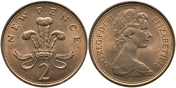 Великобритания 2 пенса 1971 Елизавета II (1952-2022) KM 916, Spink 4235 (C1) бронза 65-925