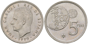Испания 5 песет 1980 (81), Хуан Карлос I (1975-2014), чемпионат мира по футболу 1982 года в Испании KM 817 медно-никель UNC 4619-732