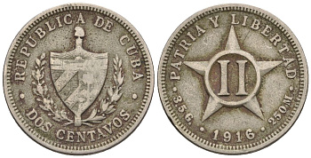 Куба 2 сентаво 1916 KM A10, JMA 28, Y 4 медно-никель 4115-1222