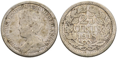 Нидерланды 25 центов 1918 Вильгельмина I (1890-1948) KM 146 серебро 75-968