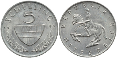 АВСТРИЯ 5 ШИЛЛИНГОВ 1980 KM 2889а медно-никель 4391-1157