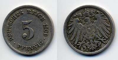 ГЕРМАНИЯ 5 ПФЕННИГОВ 1906 G, KM 11, J. 12 медно-никель 76-224