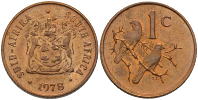 ЮАР 1 ЦЕНТ 1978 ГЕРБ, КАПСКИЕ ВОРОБЬИ KM 82 бронза UNC 66-259