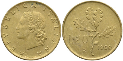 Италия 20 лир 1969 R, дубовая ветвь KM 97.1 алюминиевая бронза 4171-852
