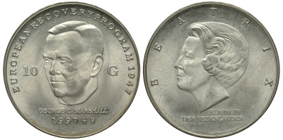 Нидерланды 10 гульденов 1997 Беатрикс (1980-2013), Джордж Маршалл KM 224 серебро UNC 413-3941
