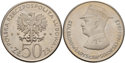 Польша 50 злотых 1981 MW, военачальники Второй мировой войны - Владислав Сикорский Y 122 медно-никель 4157-1033