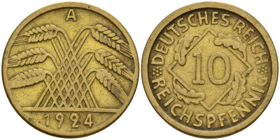 Германия 10 рейхспфеннигов 1924 A J. 317, KM 40 алюминиевая бронза    4603-755