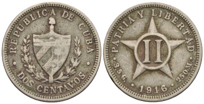 Куба 2 сентаво 1916 KM A10, JMA 28, Y 4 медно-никель 4115-1222
