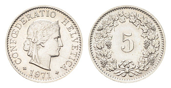 Швейцария 5 раппенов 1971 KM 26 медно-никель 4705-1262