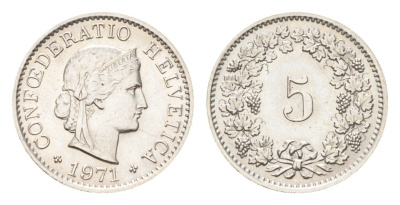 Швейцария 5 раппенов 1971 KM 26 медно-никель 4705-1262