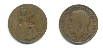 Великобритания 1 пенни 1919 Георг V (1910-1936) KM 810, Spink 4051 бронза 59-935