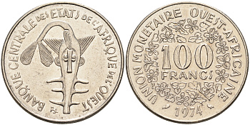 Валютное сообщество стран Западной Африки 100 франков 1974  KM 4 никель    4595-752