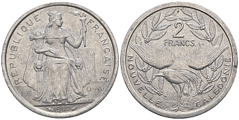 Французская Новая Каледония 2 франка 1982 птица кагу, (IEOM) KM 14, Schoen 11, Lec 62 алюминий    27-553