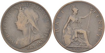 Великобритания 1/2 пенни 1901 Виктория (1837-1901) KM 789, Spink 3962 бронза 4388-612