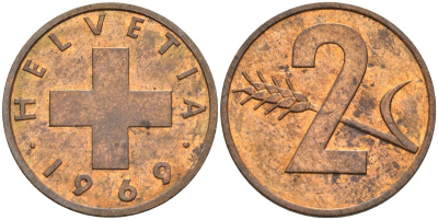 Швейцария 2 раппена 1969 KM 47 бронза 4592-551