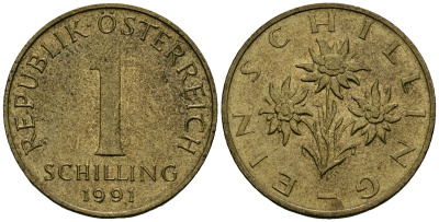Австрия 1 шиллинг 1991 KM 2886 алюминиевая бронза 4135-225