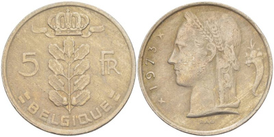 БЕЛЬГИЯ 5 ФРАНКОВ 1973 BELGIQUE, БОДУЭН I (1951-1993) KM 134.1 медно-никель 4546-324