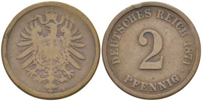 ГЕРМАНИЯ 2 ПФЕННИГА 1874 A, СТАРОГЕРБОВКА KM 2, J. 2, Weege 3 медь 212-436