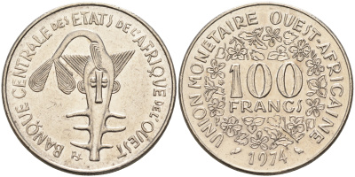 Валютное сообщество стран Западной Африки 100 франков 1974  KM 4 никель    4595-752