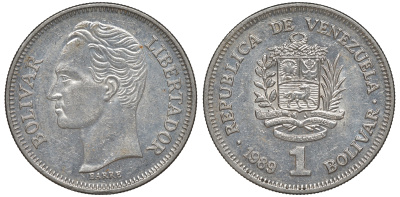 Венесуэла 1 боливар 1989 тонкий шрифт Y 52a.2 сталь плакированная никелем 4606-535