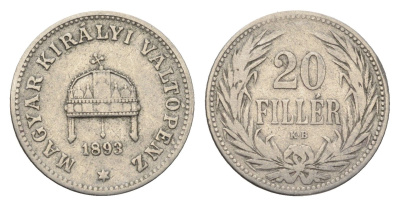 Венгрия 20 филлеров 1893 KB, Франц Иосиф I (1848-1916) KM 483 никель 4665-1038