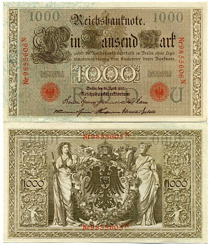 ГЕРМАНИЯ 1000 МАРОК 1910 КРАСНАЯ ПЕЧАТЬ, 7 ЦИФР В НОМЕРЕ Pick 44b бумага 2192-28-2