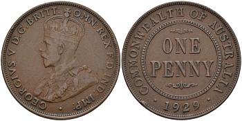 АВСТРАЛИЯ 1 ПЕННИ 1929 ГЕОРГ V KM 23 бронза 82-725