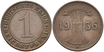 Германия 1 рейхспфенниг 1936 A, Веймарская республика KM 37 бронза 4547-869