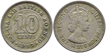 Малайя и Британское Борнео 10 центов 1957 H, Елизавета II (1952-2022) KM 2 медно-никель 4392-1139