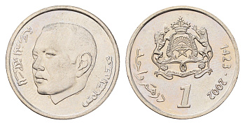 Марокко 1 дирхам 2002 AH 1423, год-тип Y 117 медно-никель UNC 216-741