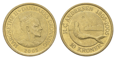 Дания 10 крон 2005 Сказка - Русалочка KM 900 алюминиевая бронза aUNC 119-236