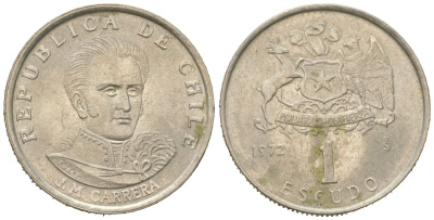 Чили 1 эскудо 1972 Хосе Мигель Каррера KM 197 медно-никель 4596-936