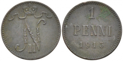 РОССИЯ ДЛЯ ФИНЛЯНДИИ 1 ПЕННИ 1915 НИКОЛАЙ II KM 13, Биткин 475 медь 4396-1457