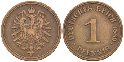 ГЕРМАНИЯ 1 ПФЕННИГ 1889 A, СТАРОГЕРБОВКА KM 1, J. 1, Weege 1 медь 206-1264