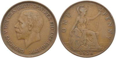 Великобритания 1 пенни 1928 Георг V (1910-1936) KM 838, Spink 4055 бронза 115-233