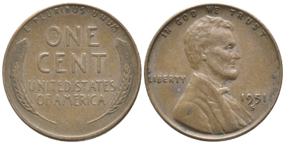 США 1 ЦЕНТ 1951 S, ЛИНКОЛЬН KM А132 медь цинк 100-1031