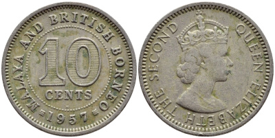 Малайя и Британское Борнео 10 центов 1957 H, Елизавета II (1952-2022) KM 2 медно-никель 4392-1139