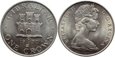 Гибралтар 1 крона 1970 Елизавета II (1952-2022), старый замок KM 4 медно-никель UNC 74-731