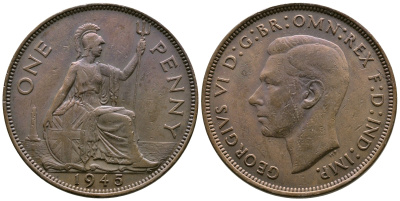Великобритания 1 пенни 1945 Георг VI (1936-1952) KM 845, Spink 4114 бронза 93-835