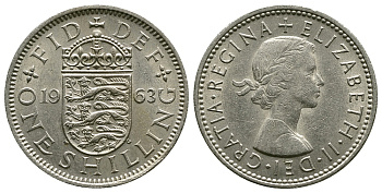 Великобритания 1 шиллинг 1963 Елизавета II (1952-2022), Английский герб KM 904, Spink 4147 медно-никель 4384-452